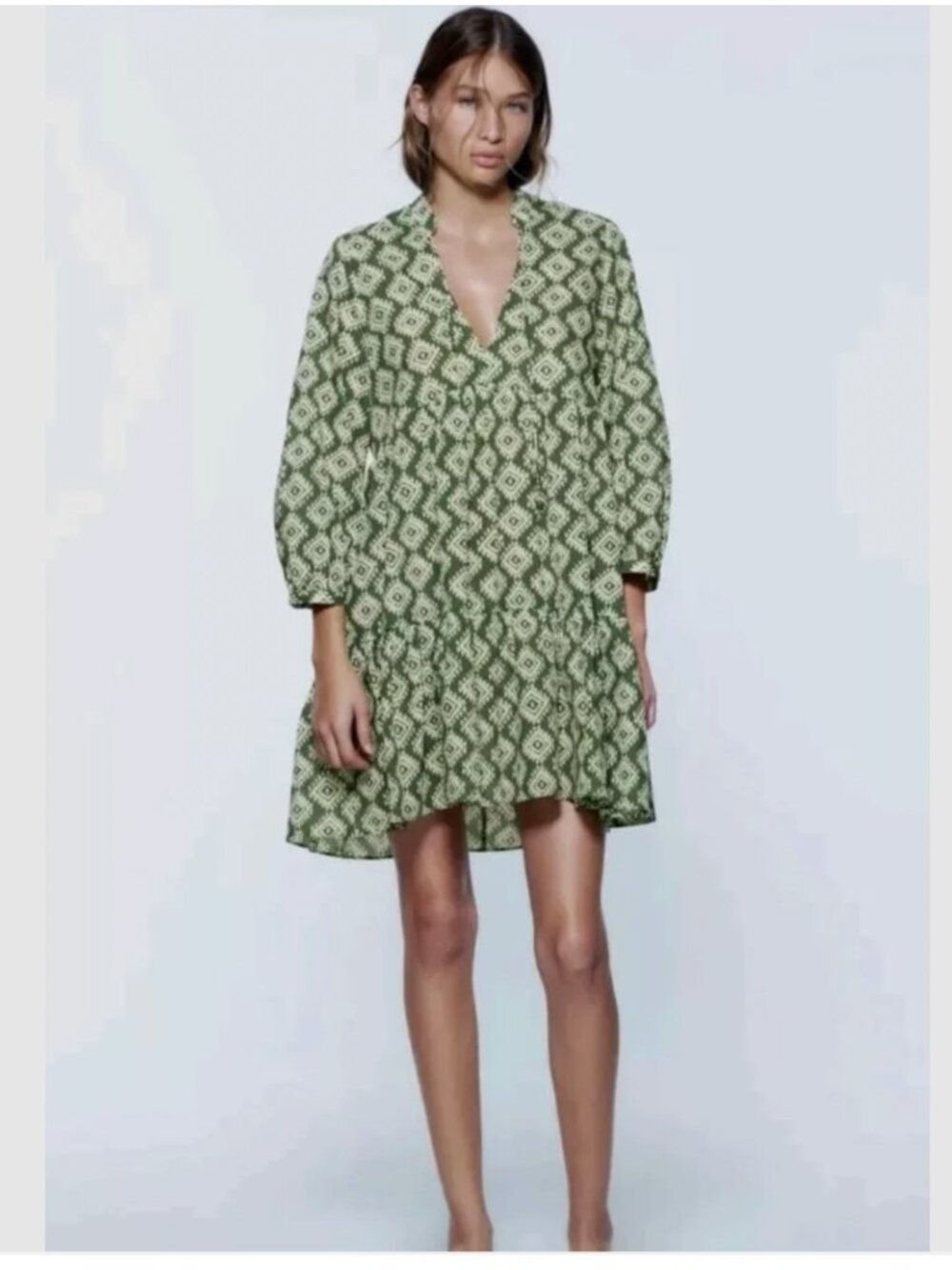 Zara Green Boho Babydoll Tunic Dress S | Cadie Geometric Print Flowy Festival